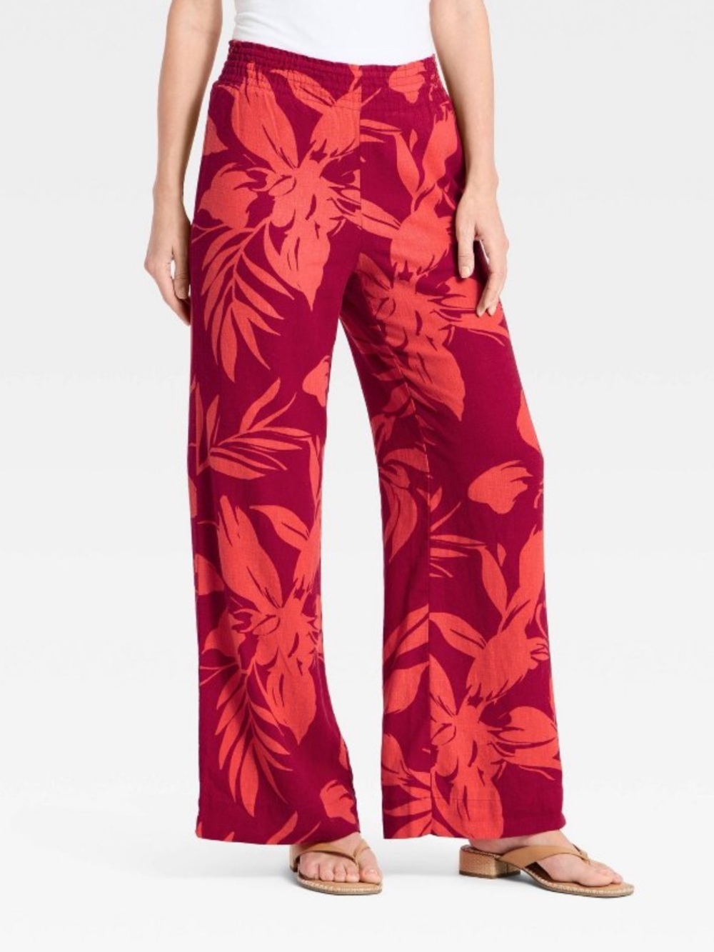 Women's High-Rise Linen Wide Leg Pull-On Pants - A New Day Red Floral
